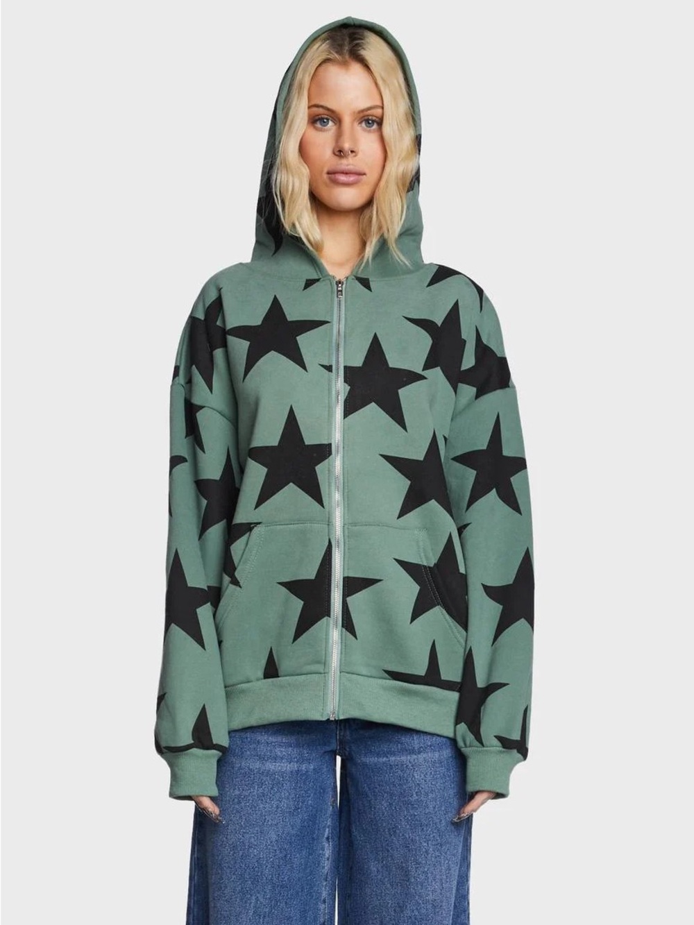 Edikted ‘Star At Me’ Oversized Full Zip Hoodie Sweatshirt, Green & Black